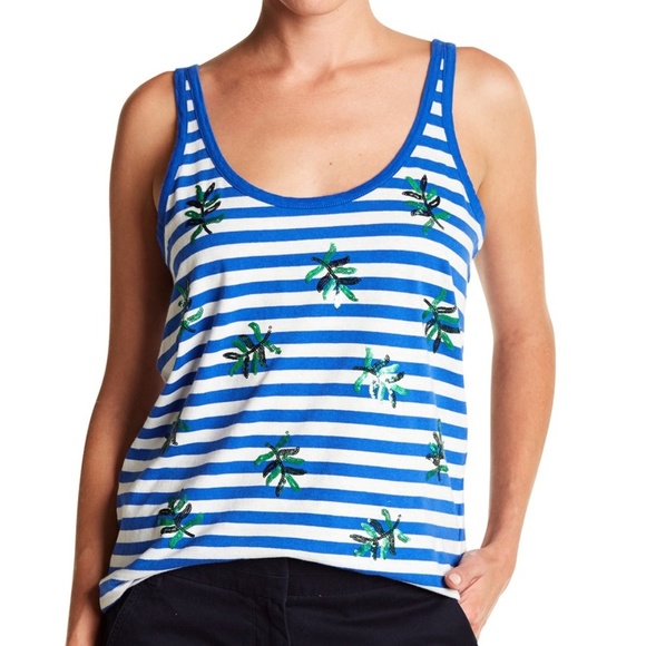 J. Crew Striped Sequin Leaf Tank Top Blue/White Size Small NWOT - Picture 4 of 8